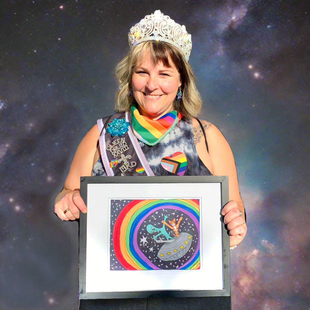 woman holding a framed cat print of Superpussy, a cartoon orange cat, traveling through a rainbow quantum tunnel in this spaceship art.