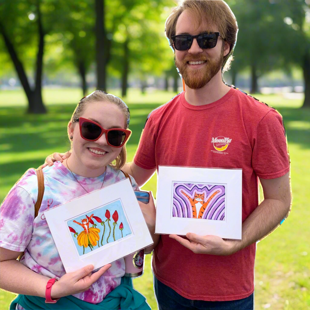 Couple displaying Purple cat art featuring a groovy design.