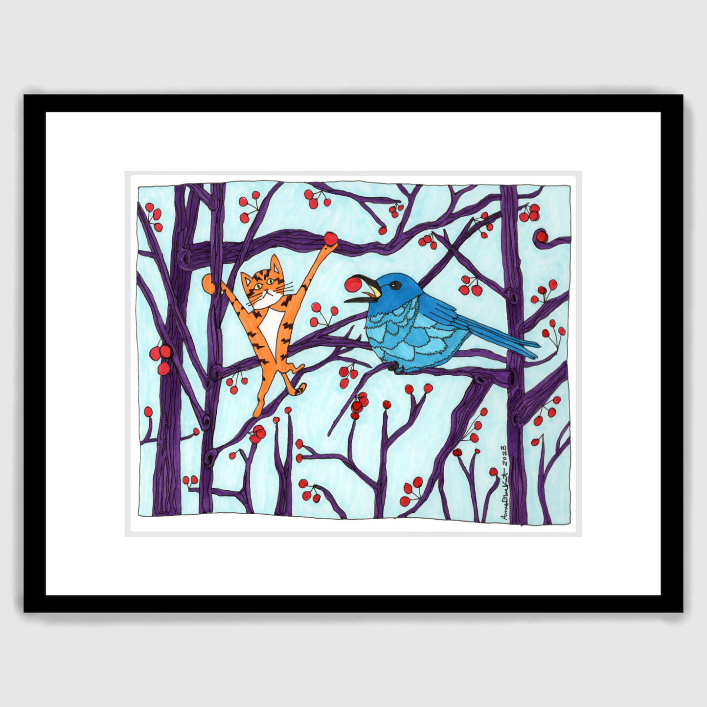 framed Whimsical cat art featuring Superpussy-a cartoon orange cat-is in the trees with a bluebird eating red berries.