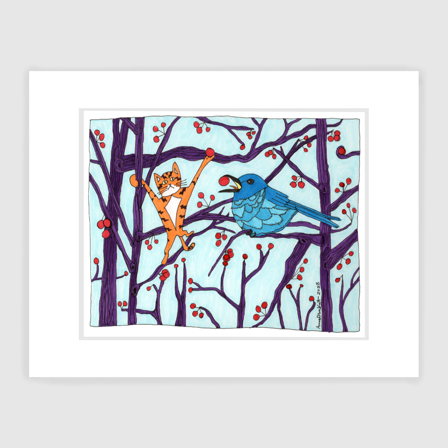 Whimsical cat art featuring Superpussy-a cartoon orange cat-is in the trees with a bluebird eating red berries.