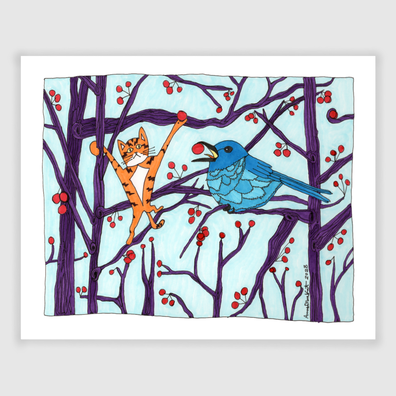 Whimsical cat art featuring Superpussy-a cartoon orange cat-is in the trees with a bluebird eating red berries.