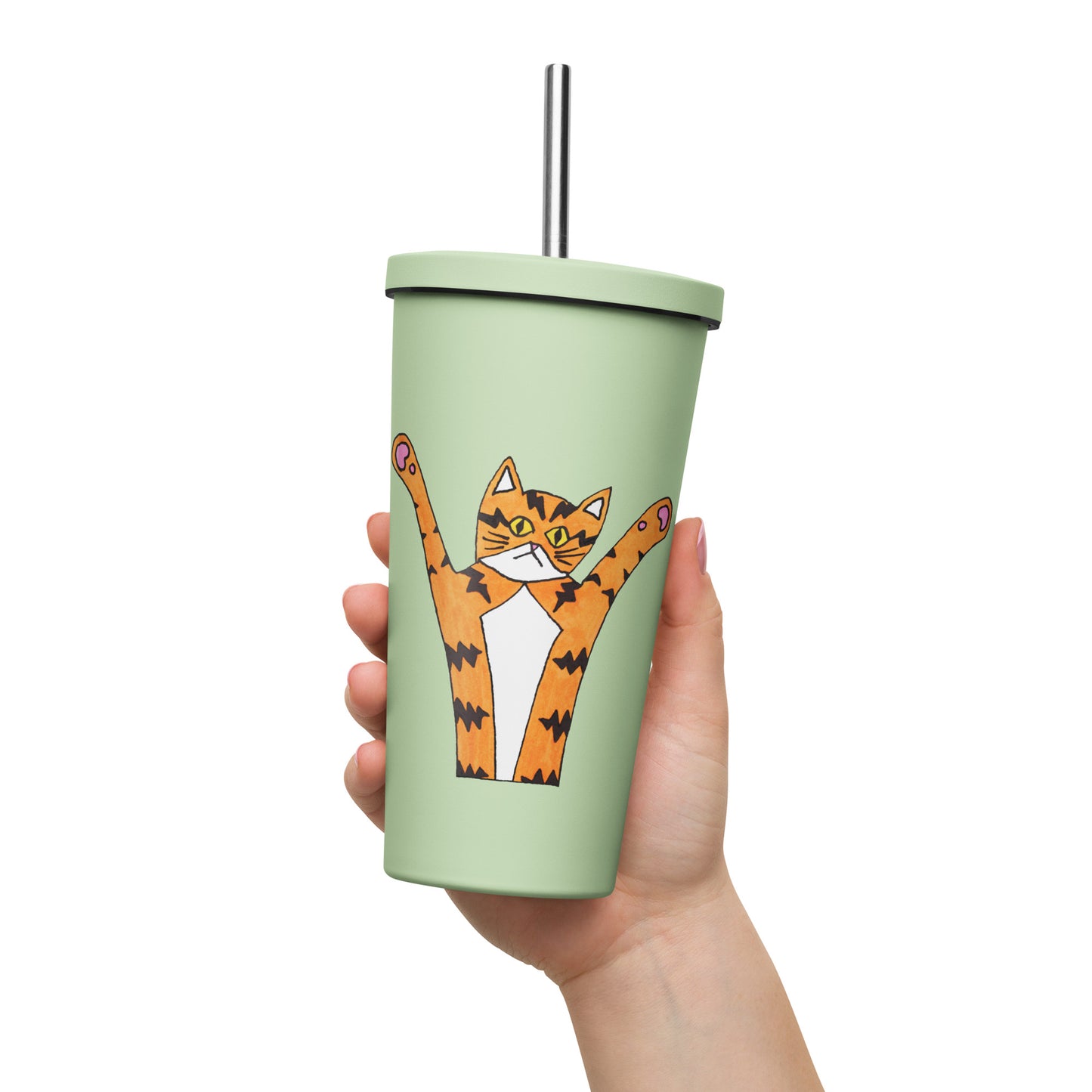 Funky cat insulated tumbler in mint color with a straw, perfect for keeping drinks hot or cold, featuring a playful cat design.