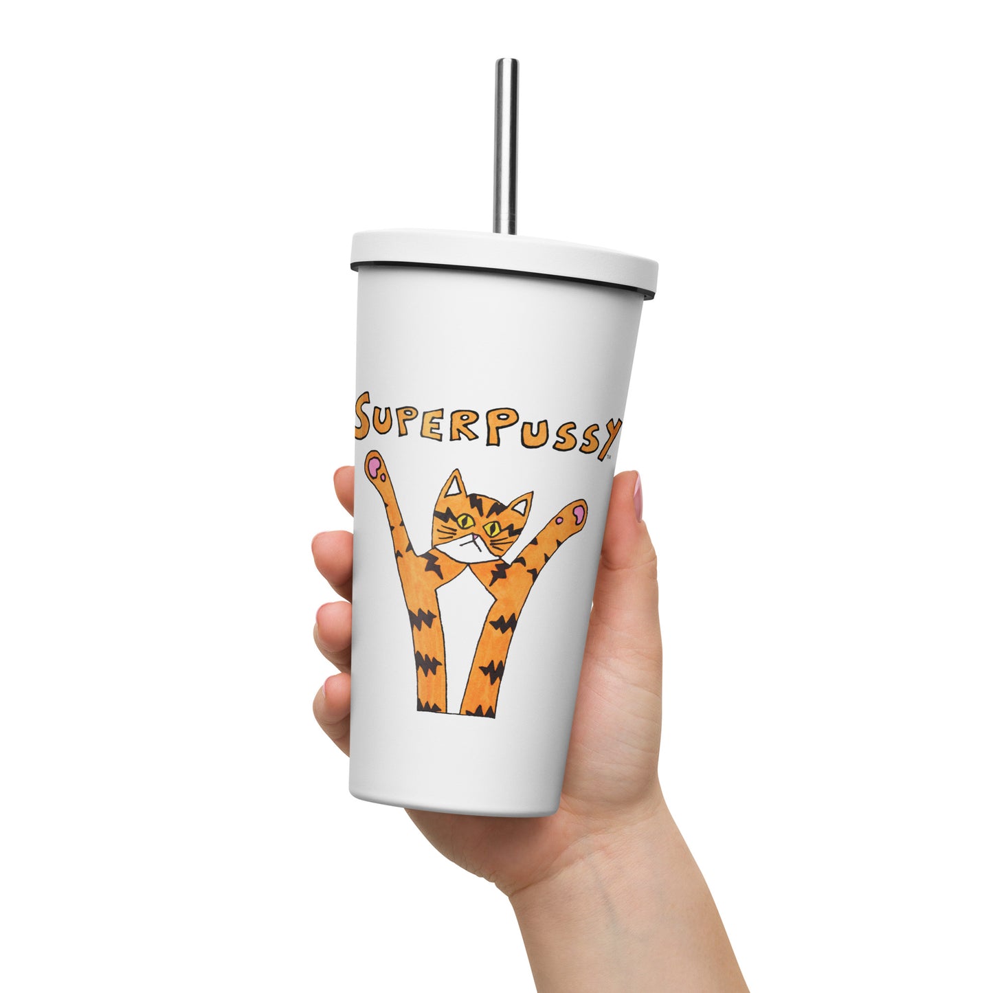 Superpussy Cat Insulated Tumbler with a Straw, stainless steel