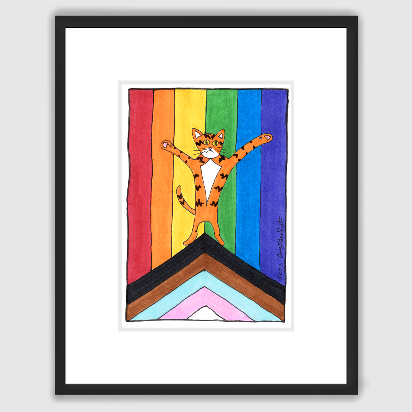 a framed art print featuring a drawing of Superpussy - an orange cat with his paws in the air - standing in front of a progressive pride flag.