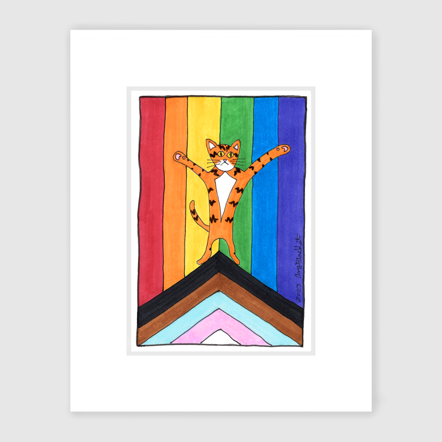 a matted art print featuring a drawing of Superpussy - an orange cat with his paws in the air - standing in front of a progressive pride flag.