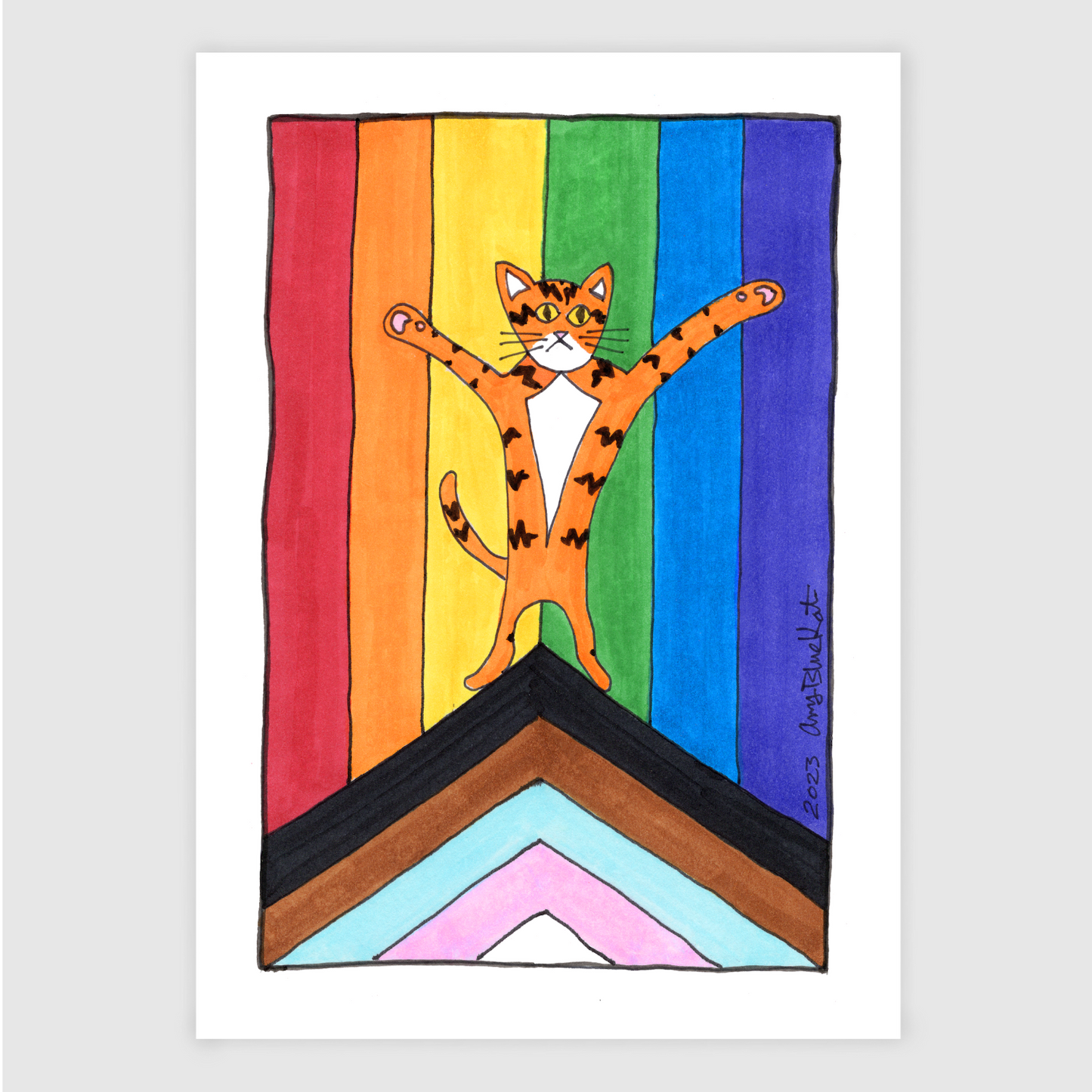 art print featuring a drawing of Superpussy - an orange cat with his paws in the air - standing in front of a progressive pride flag.