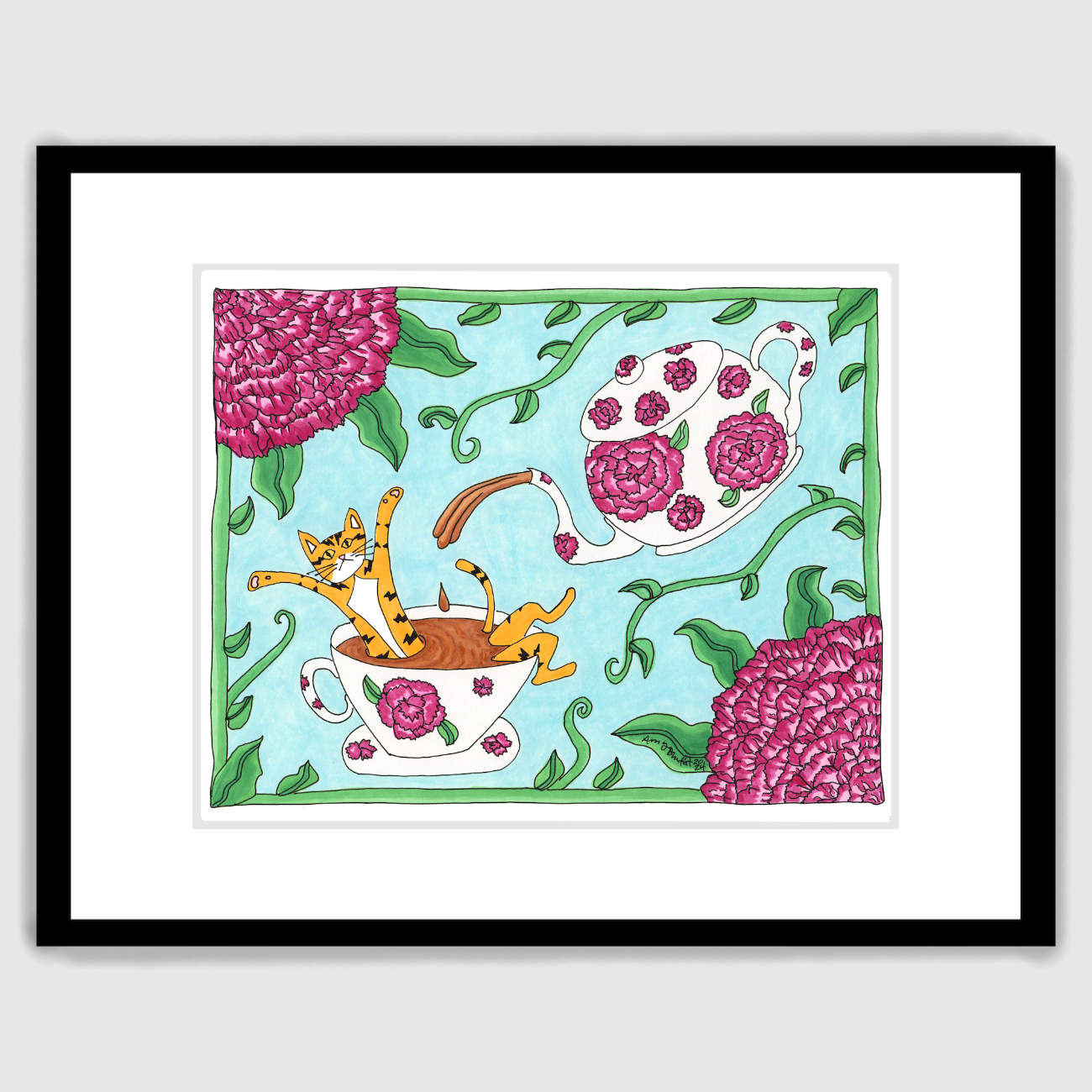 A colorful framed drawing of an orange tabby cat with black stripes. He is sitting in a white teacup adorned with fuschia peonies and rosettes. His front paws are in the air and his hind legs stick of of the cup-like he is bathing in tea. A similarly designed teapot is pouring tea into the teacup. The background is light blue. A green border has leaves and vines coming out of it. Giant fuschia peonies are in the top left and bottom right corners.