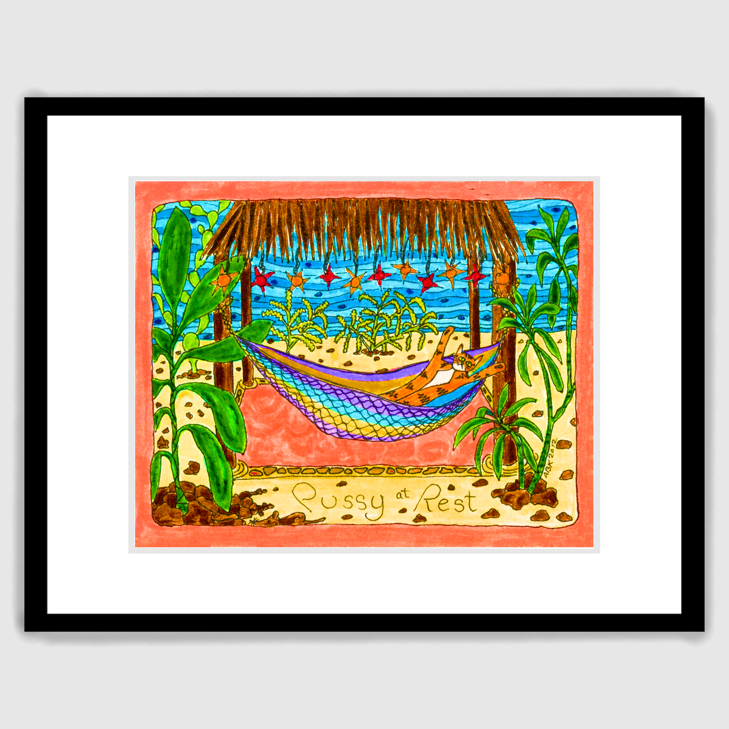 a framed art print of a colorful drawing featuring Superpussy-an orange cat- relaxing in a hammock underneath a thatched roof open-air palapa surrounded by palm trees.