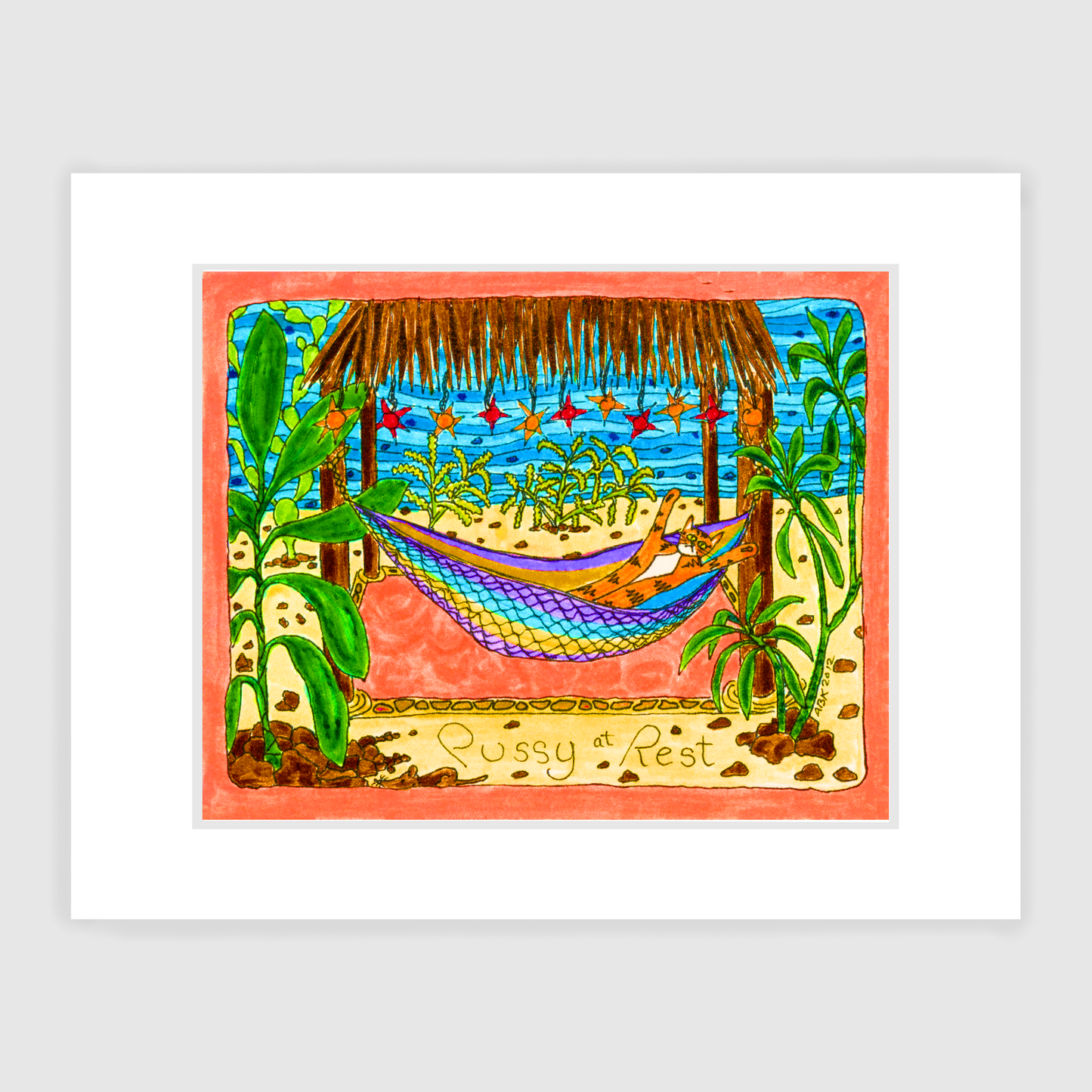 a matted art print of a colorful drawing featuring Superpussy-an orange cat- relaxing in a hammock underneath a thatched roof open-air palapa surrounded by palm trees.