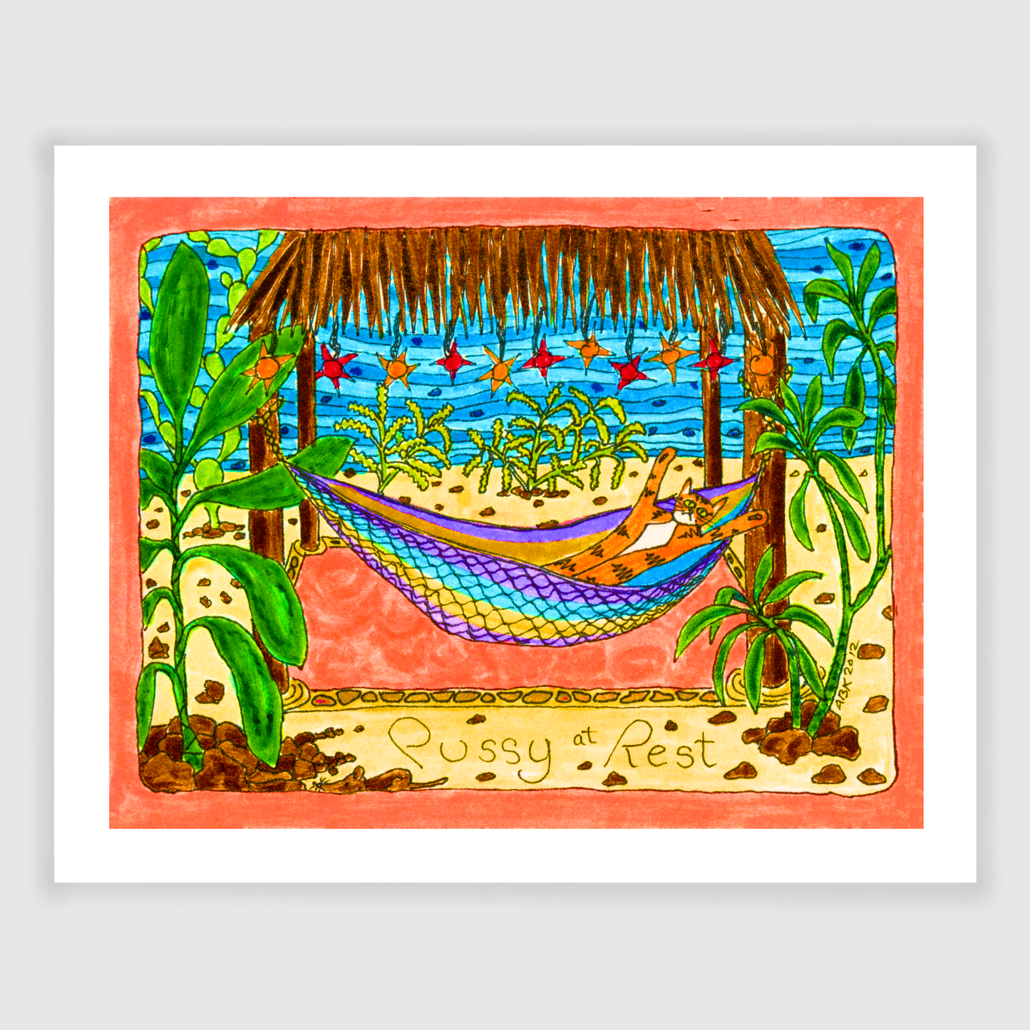 an art print of a colorful drawing featuring Superpussy-an orange cat- relaxing in a hammock underneath a thatched roof open-air palapa surrounded by palm trees.