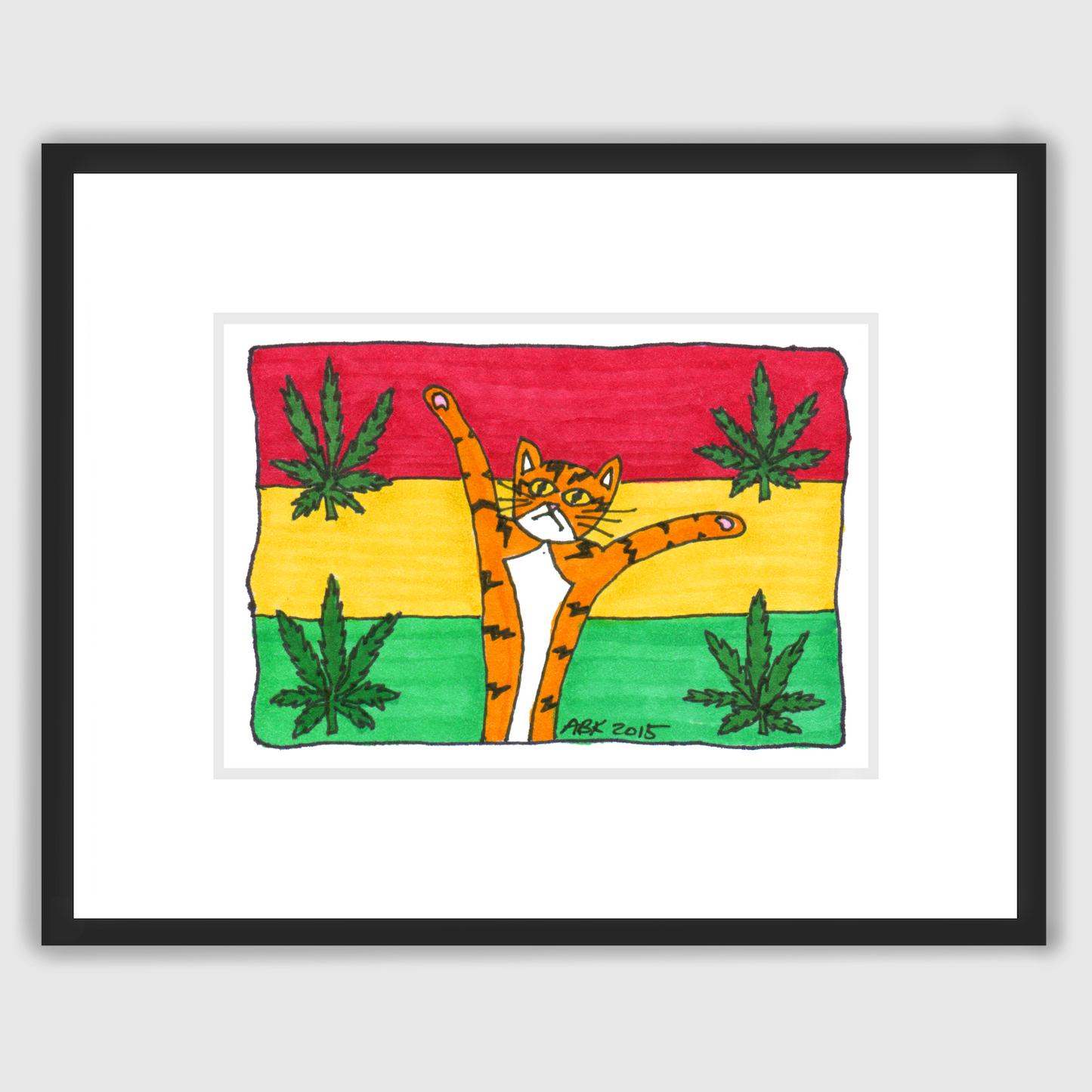 A framed picture of Superpussy-a cartoon orange cat with his paws in the air-standing in front of a red, yellow, and green flag decorated with cannabis leaves.