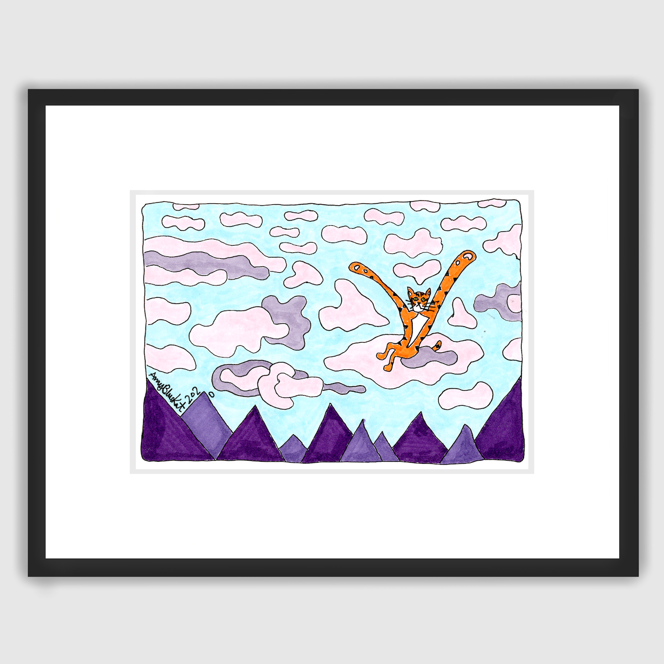 framed whimsical cat art featuring Superpussy-a cartoon orange cat with his paws in the air-is floating on pink and lavender clouds above triangle-shaped purple mountains.