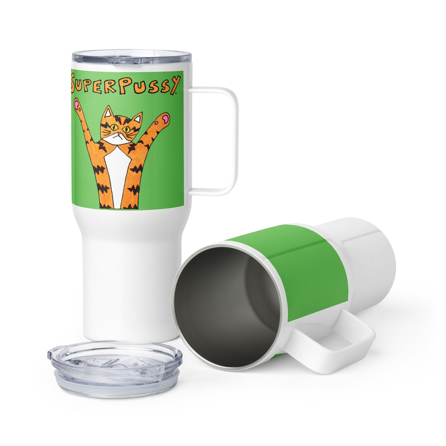 Superpussy Cat Travel Mug with Handle, Green, Stainless Steel