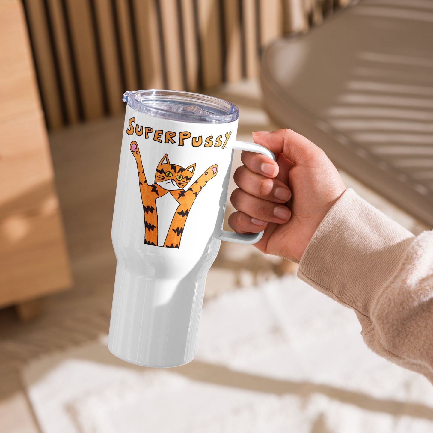 Superpussy Cat Travel Mug with Handle, White, Stainless Steel