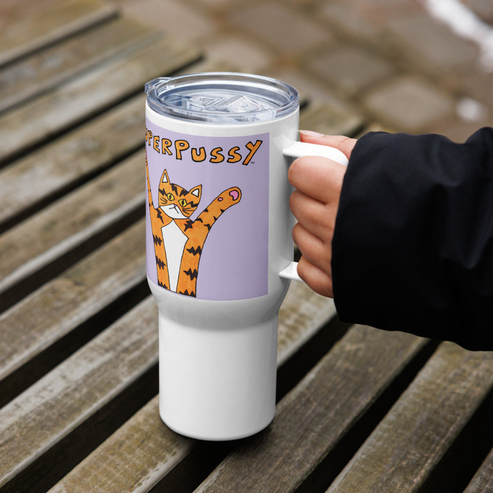 Superpussy Cat Travel Mug with Handle, Lavender Purple, Stainless Steel