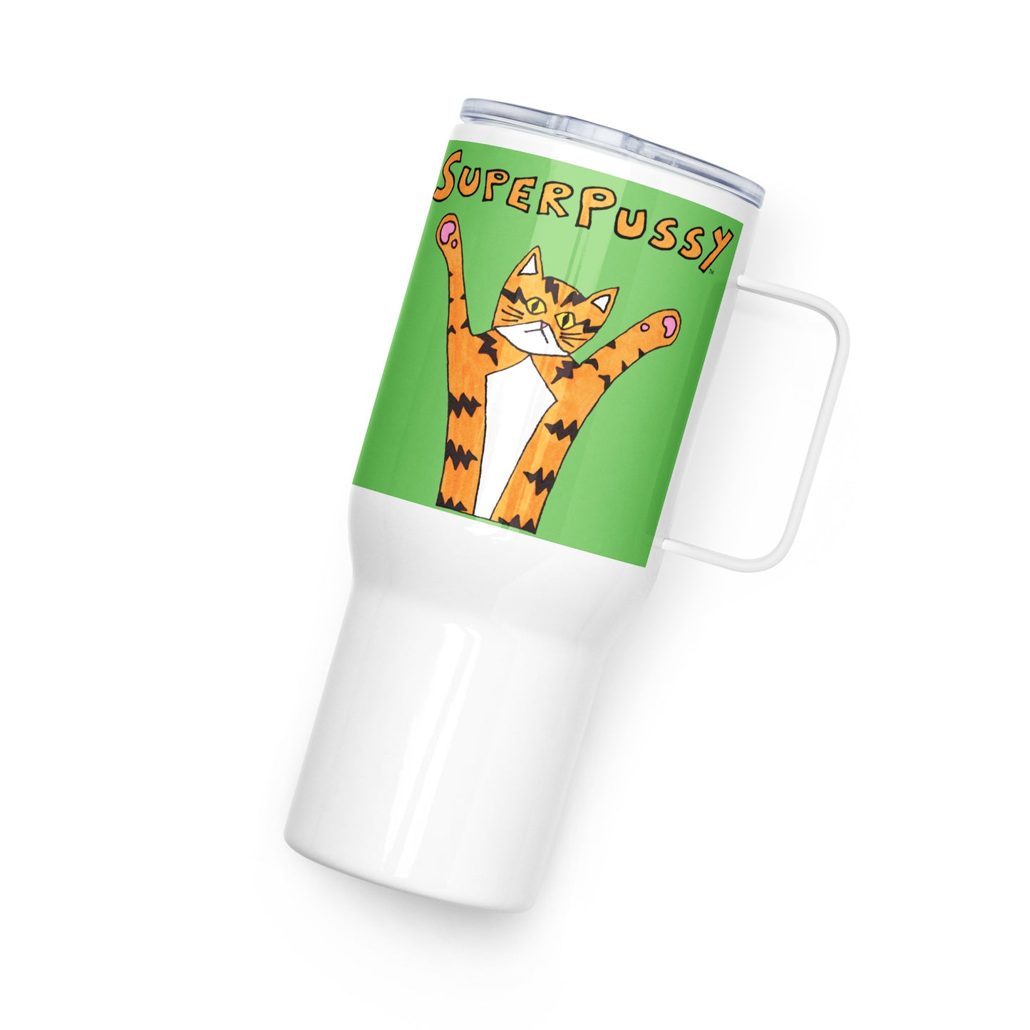 Superpussy Cat Travel Mug with Handle, Yellow, Stainless Steel