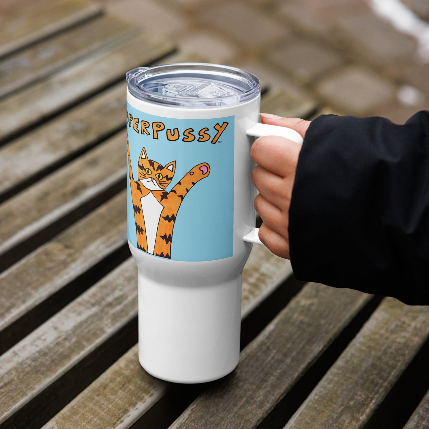 Superpussy Cat Travel Mug with Handle, Blue, Stainless Steel