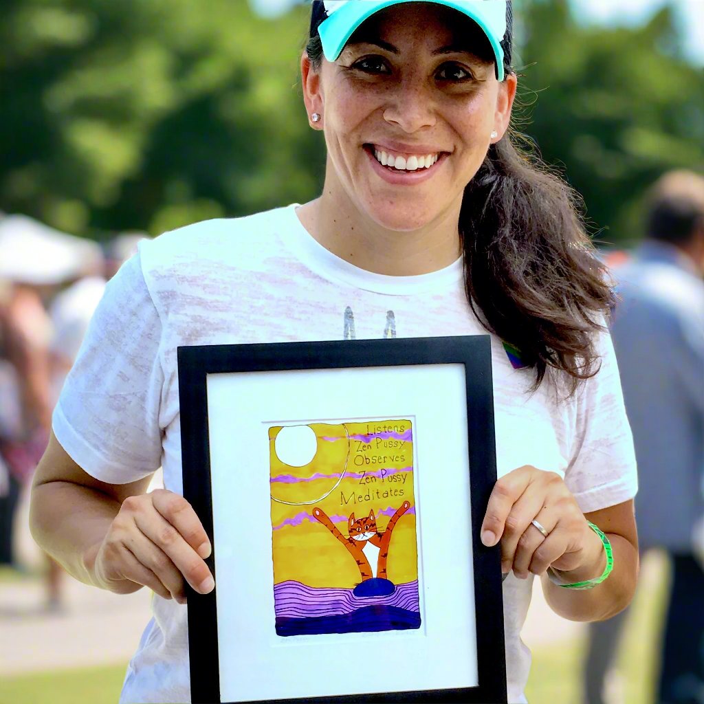 A woman holding A framed picture of Superpussy-a cartoon orange cat with his paws in the air-is in a meditation scene in front of a purple, lavender, and gold background with the words "Listens, Zen pussy, Observes, Zen pussy, Meditates"