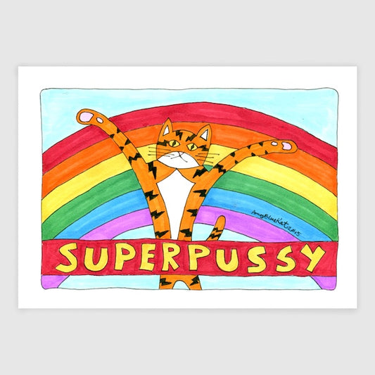 Superpussy in front of rainbow and standing behind a banner that says Superpussy