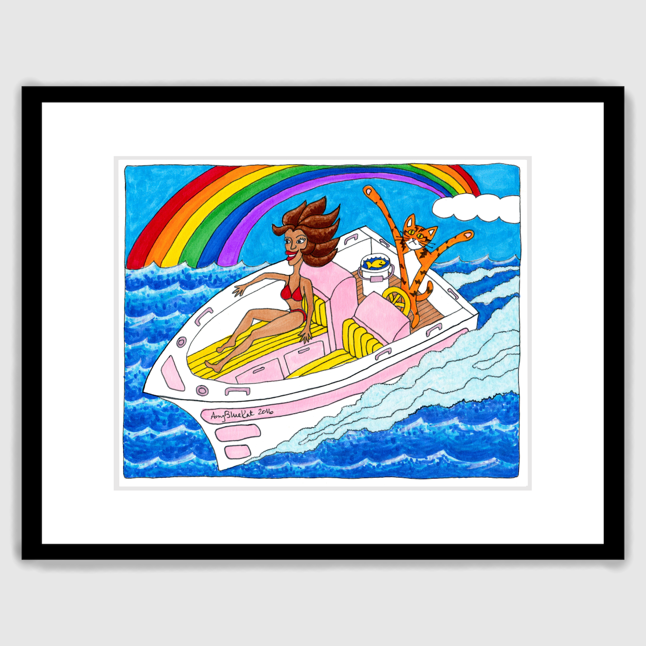 a framed art print of Superpussy-a cartoon orange cat-is driving a white and pink speed boat. A tanned brunette in a red bikini is riding in front. A rainbow is in the background.