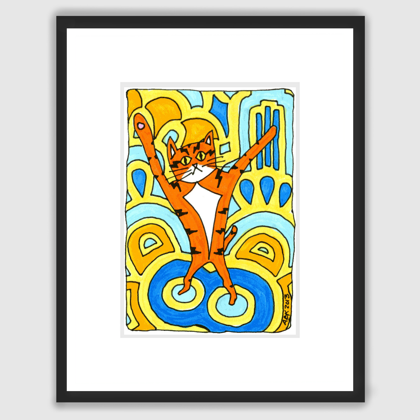 A framed print of Superpussy-an orange cat-dancing with his paws in the air on a funky blue, yellow, and gold floor.