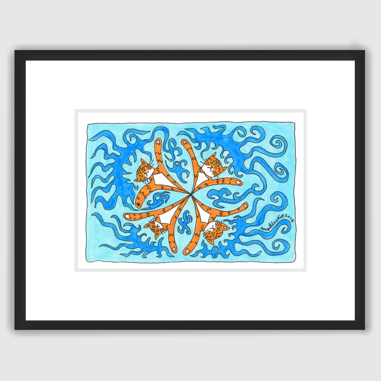 An framed art print of a whimsical drawing featuring Four Superpussy's-an orange tabby cat-- In a kaleidoscope pattern. Reminiscent of synchronized swimming, they are on a blue background with darker blue swirlies around them, as if in water.