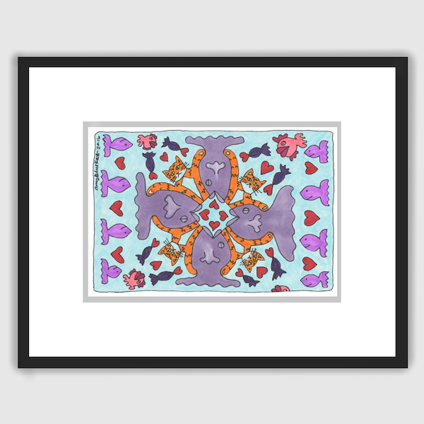A framed whimsical drawing of Superpussy-an orange tabby Cat- and purple fishes swimming in a kaleidoscope pattern.
