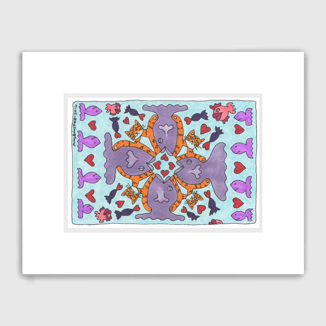 Superpussy-an orange tabby Cat- and purple fishes swimming in a kaleidoscope pattern.