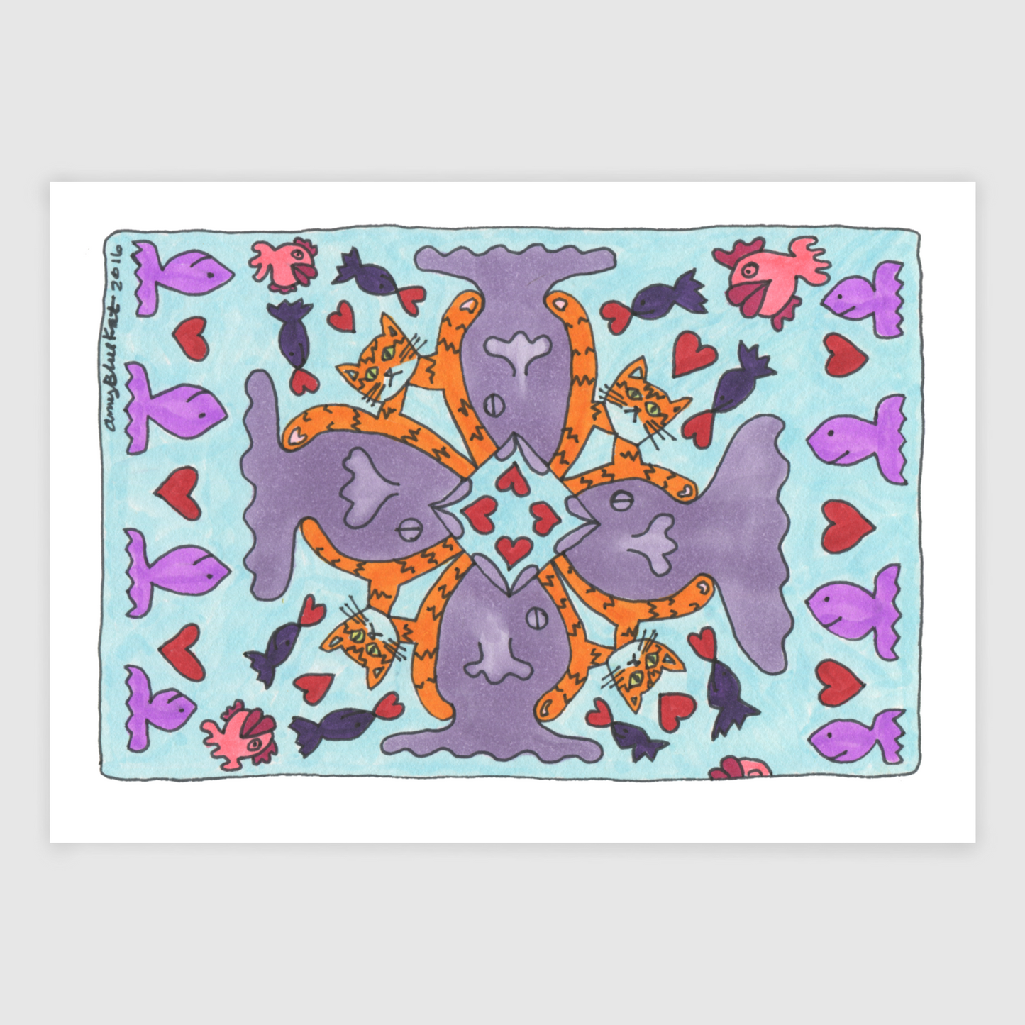 Superpussy the Cat and purple fishes swimming in a kaleidoscope pattern.