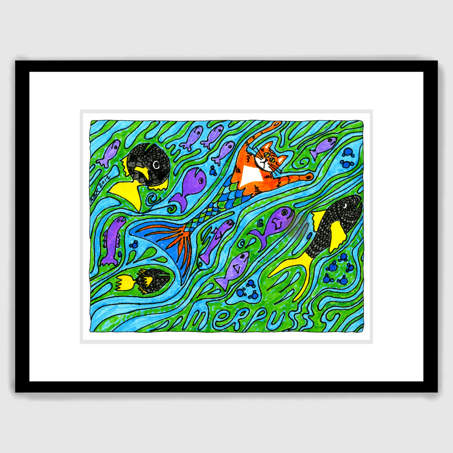 A framed whimsical drawing of Superpussy-an orange tabby cat. He his swimming in the sea. He has a mermaid tail colored blue and green. Swimming with him are several purple fishes and a few yellow and black fishes. The name "Merpussy" can be seen cryptically within the water.