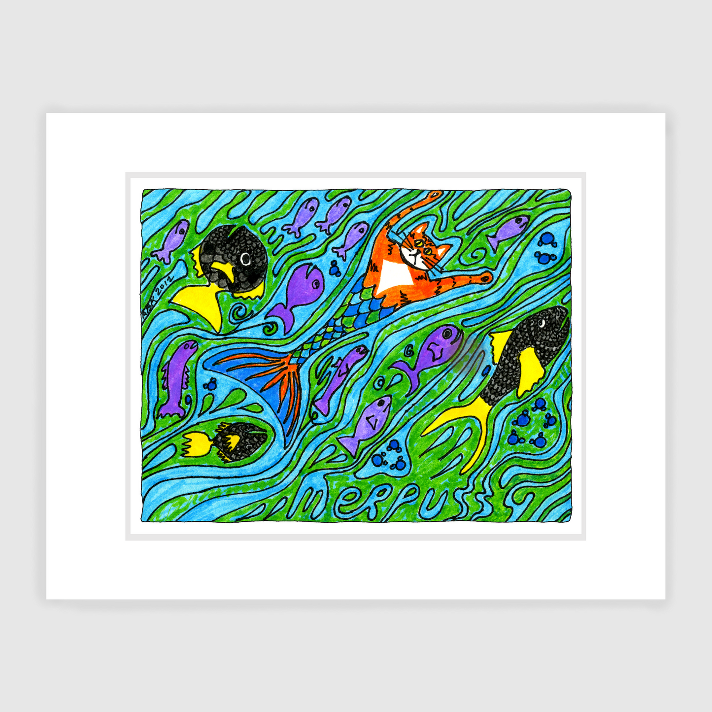 A whimsical drawing of Superpussy-an orange tabby cat. He his swimming in the sea. He has a mermaid tail colored blue and green. Swimming with him are several purple fishes and a few yellow and black fishes. The name "Merpussy" can be seen cryptically within the water.