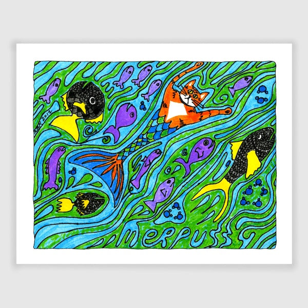 A whimsical drawing of Superpussy-an orange tabby cat. He his swimming in the sea. He has a mermaid tail colored blue and green. Swimming with him are several purple fishes and a few yellow and black fishes. The name "Merpussy" can be seen cryptically within the water.