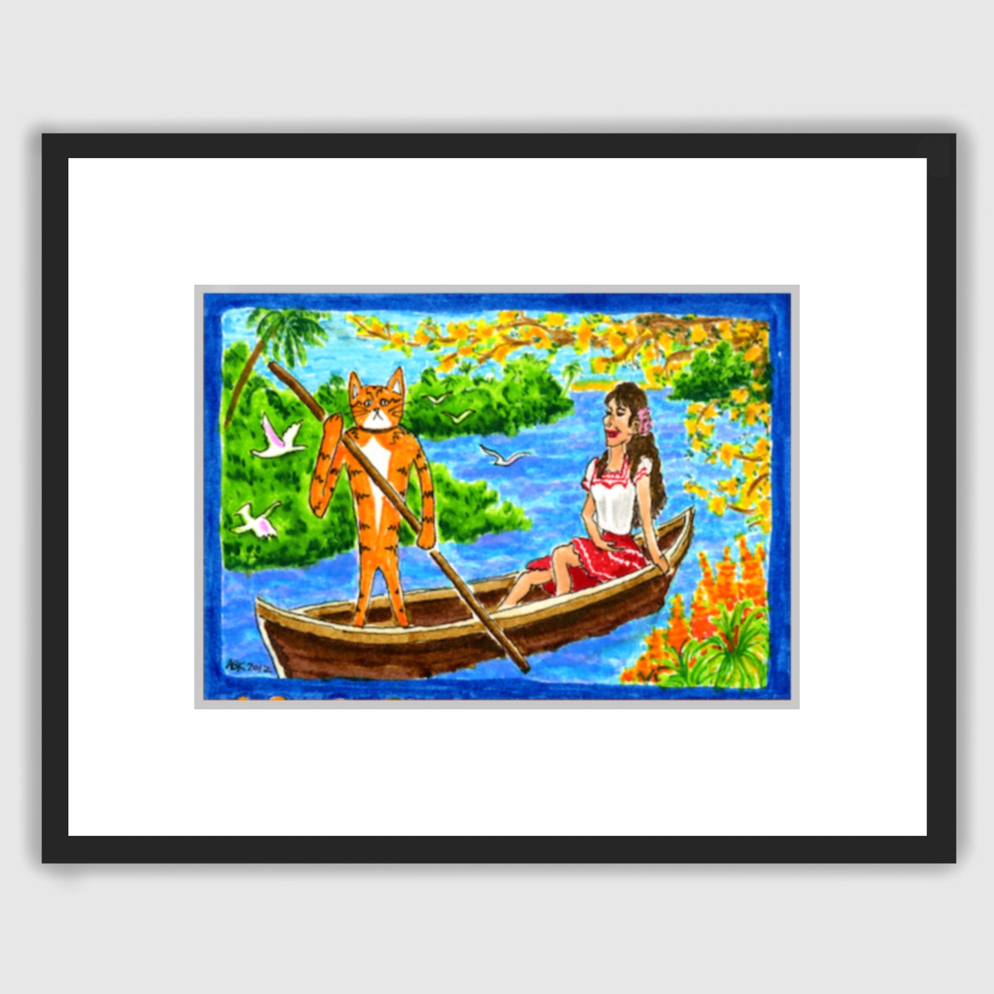A framed drawing of Superpussy-a cartoon orange cat-is steering a chalupa/gondola. A brunette in a red and white dress is riding in the boat. Colorful flowers and birds surround them.