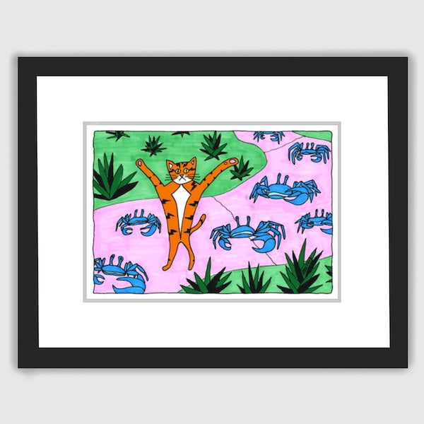 Whimsical cat art featuring Superpussy-a cartoon orange cat with his paws in the air-is walking down a pink sidewalk along with blue crabs.