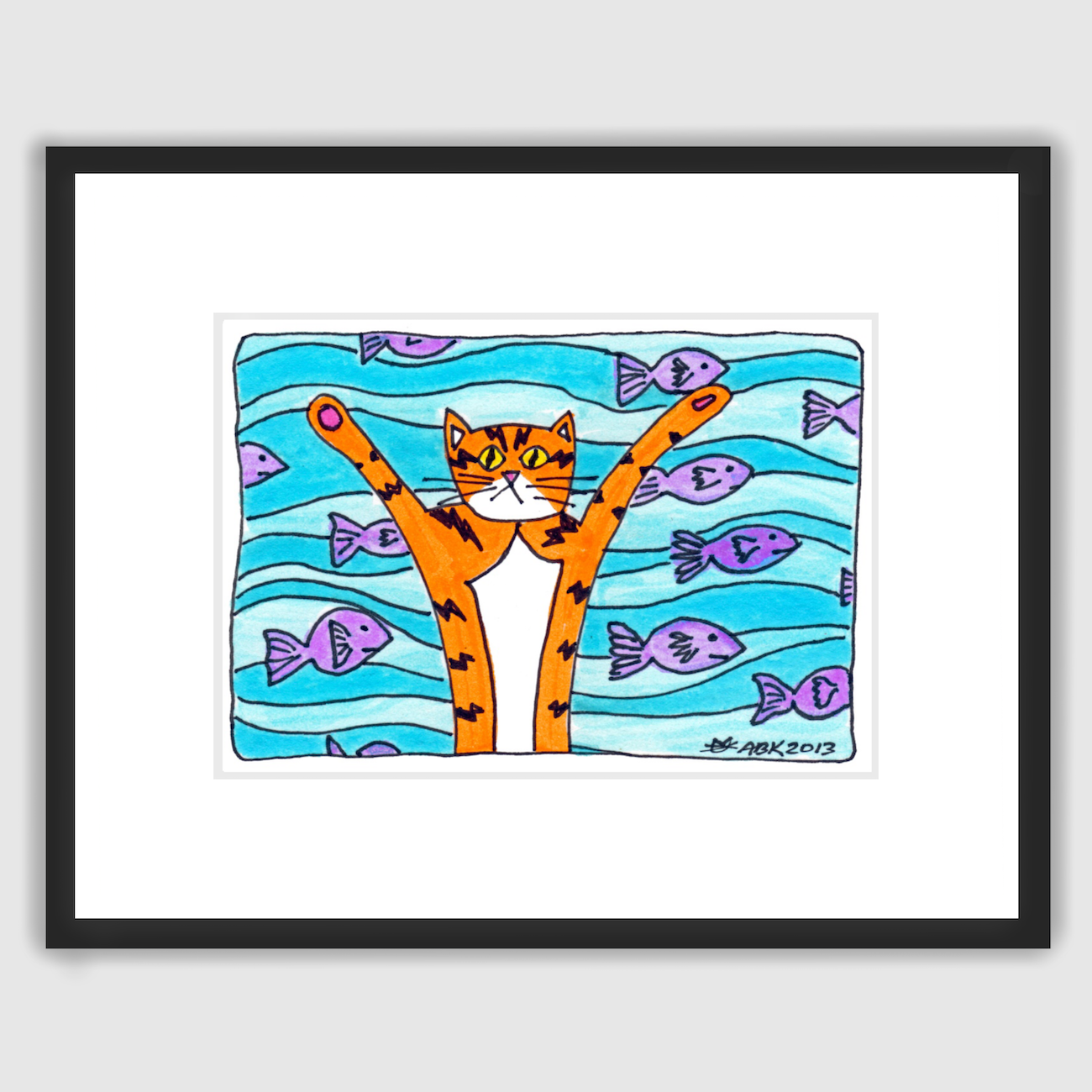 framed Whimsical cat art featuring Superpussy-a cartoon orange cat with his paws in the air-is in front of a blue sea full of purple fish