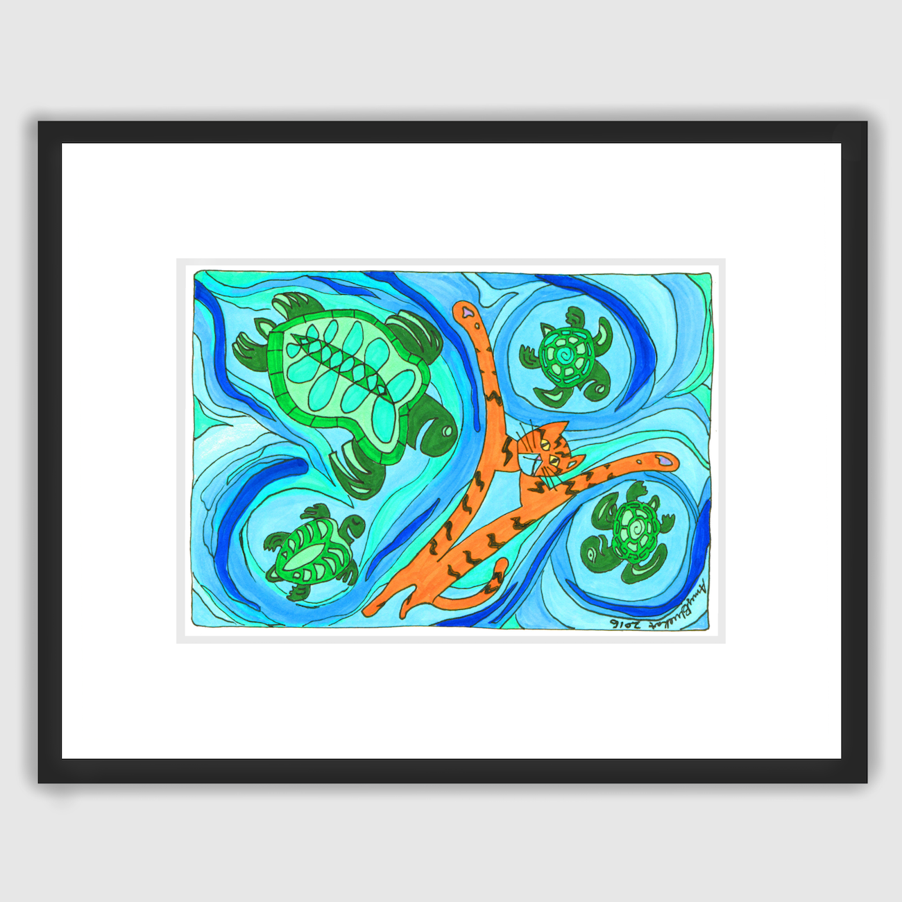Whimsical framed Cat art featuring Superpussy-an orange cat-swimming with four sea turtles.