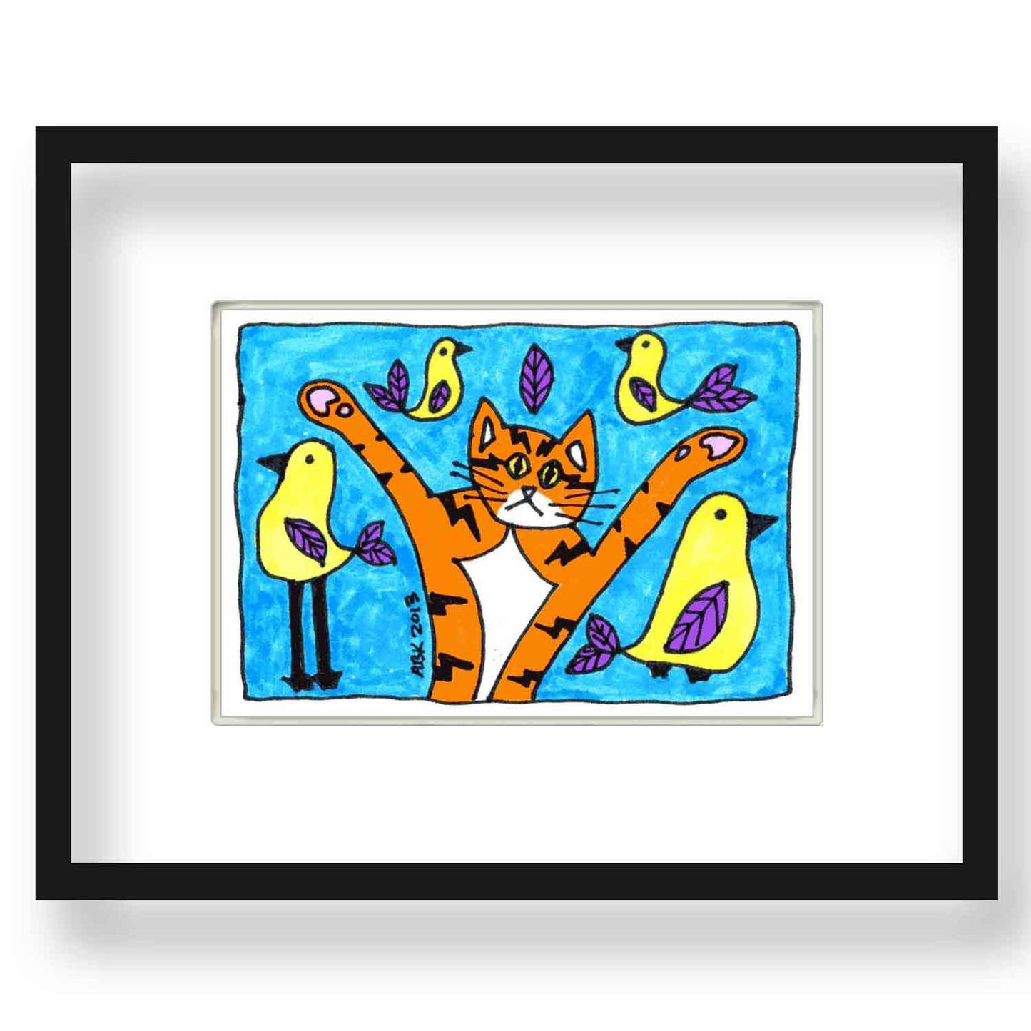 framed cat art featuring a whimsical drawing of Superpussy-an orange cat with his paws in the air- surrounded by yellow birds iwth purple wings.