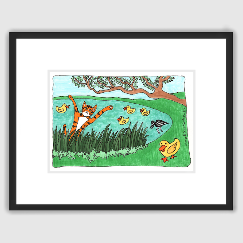 framed Whimsical cat art featuring Superpussy-an orange cat with his paws in the air-is standing in a thicket of cat grass beside a pond. Yellow ducks float on the pond and an egret is standing in the water.
