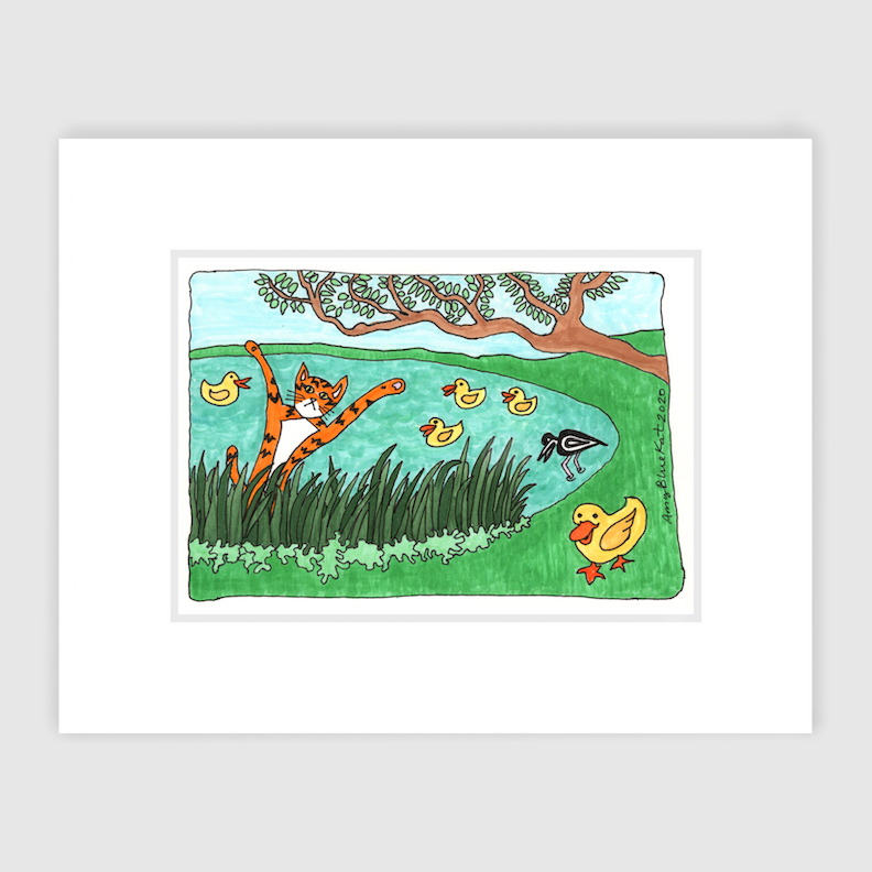 Whimsical cat art featuring Superpussy-an orange cat with his paws in the air-is standing in a thicket of cat grass beside a pond. Yellow ducks float on the pond and an egret is standing in the water.