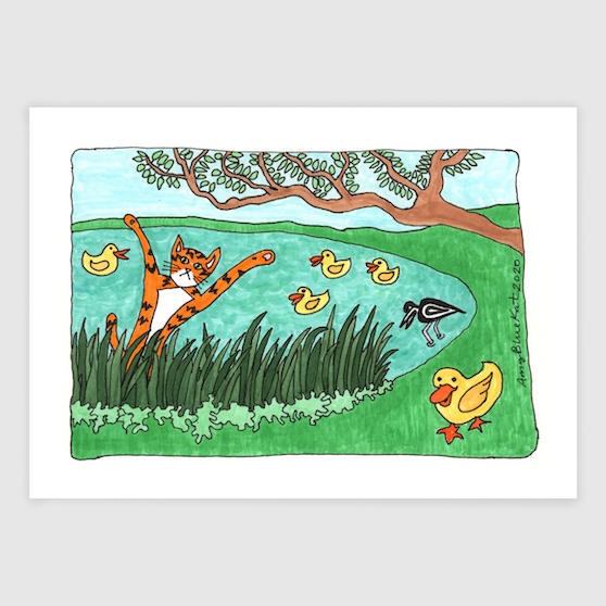 Whimsical cat art featuring Superpussy-an orange cat with his paws in the air-is standing in a thicket of cat grass beside a pond. Yellow ducks float on the pond and an egret is standing in the water.