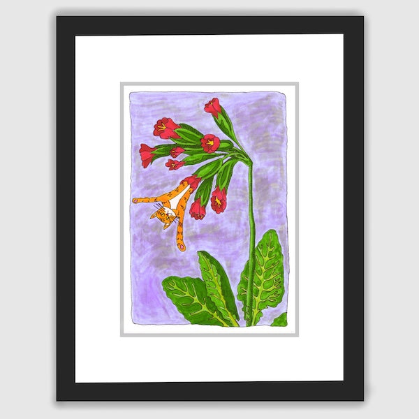A framed art print of a whimsical drawing featuring Superpussy-an orange tabby cat with his paws in the air-is blossoming out of a red flower. Purple background.
