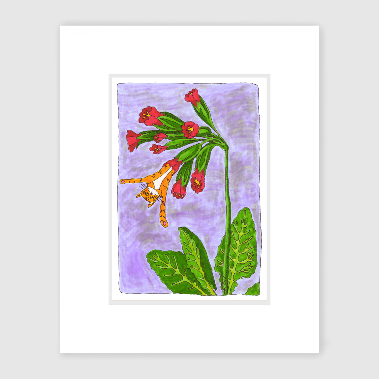 An art print of a whimsical drawing featuring Superpussy-an orange tabby cat with his paws in the air-is blossoming out of a red flower. Purple background.