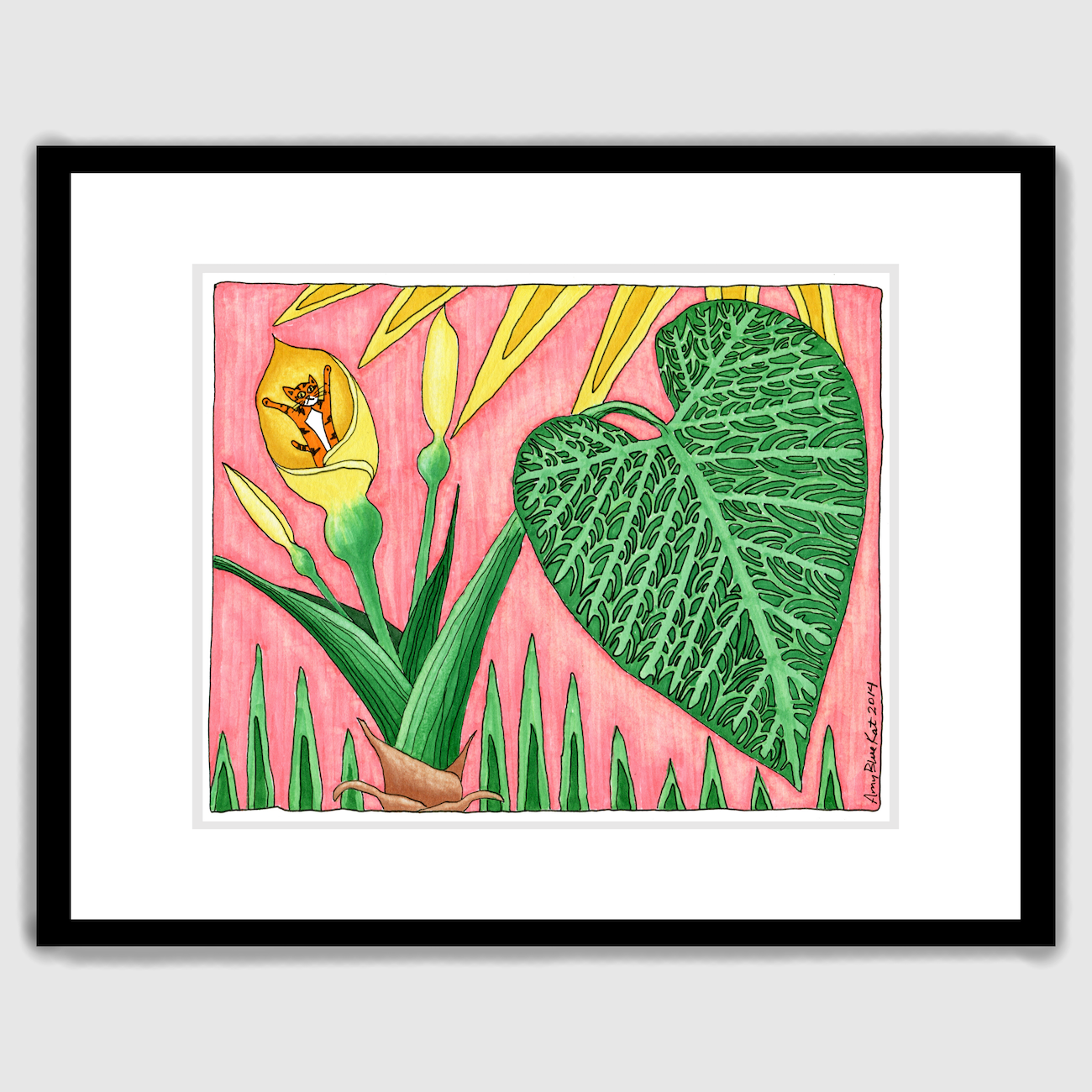 A framed art print of a whimsical drawing. A giant heart shaped leaf of an elephant ear plant is in the foreground. A yellow flower is in bloom and in it is Superpussy-an orange tabby cat with his paws in the air. Salmon-colored background.