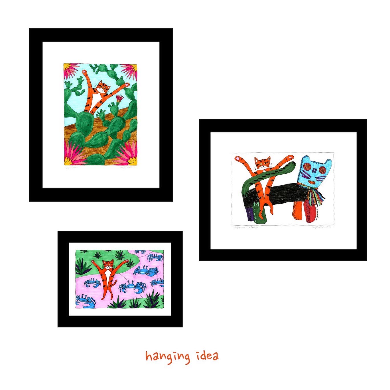 A wall with three different pictures of Superpussy-an orange cat with his paws in the air.