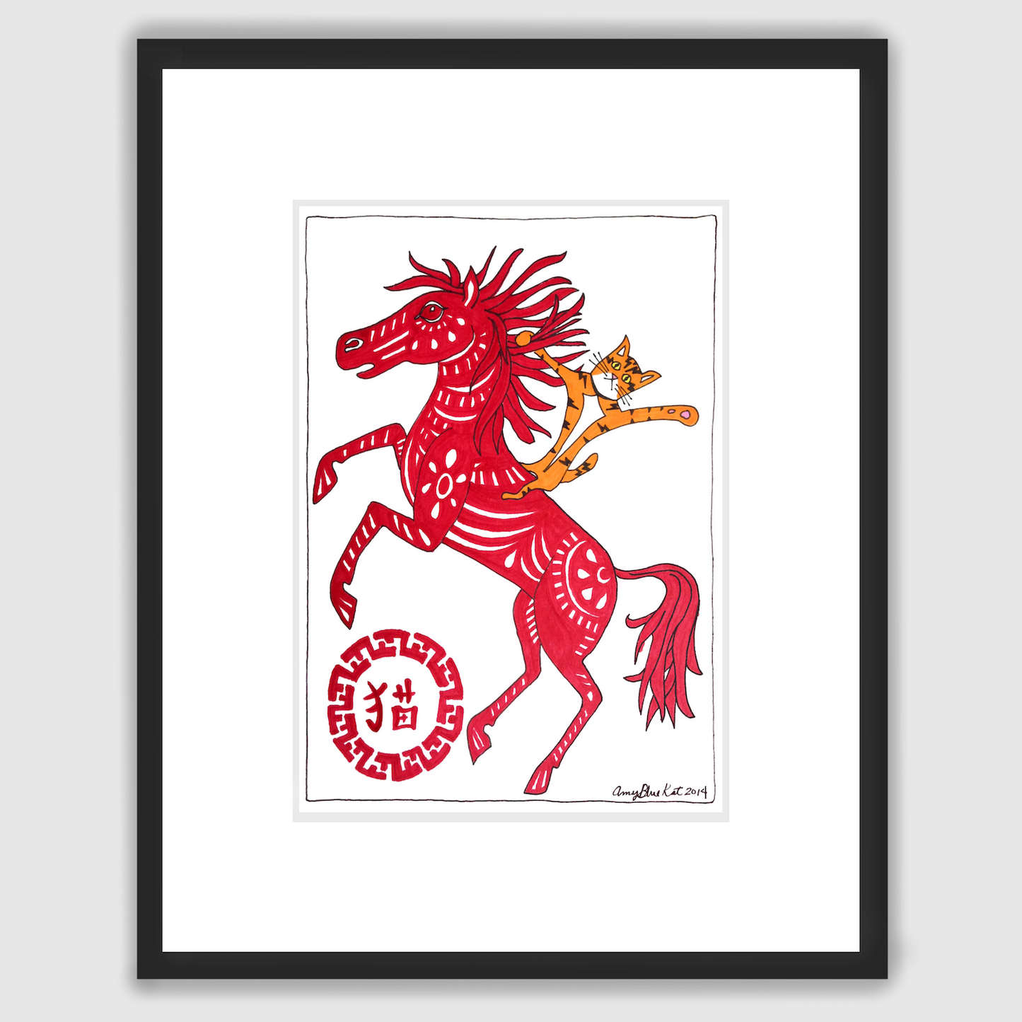 A framed drawing of Superpussy - a cartoon orange cat with his paws in the air-is riding on a red horse decorated in a Chinese Year of the Horse theme.