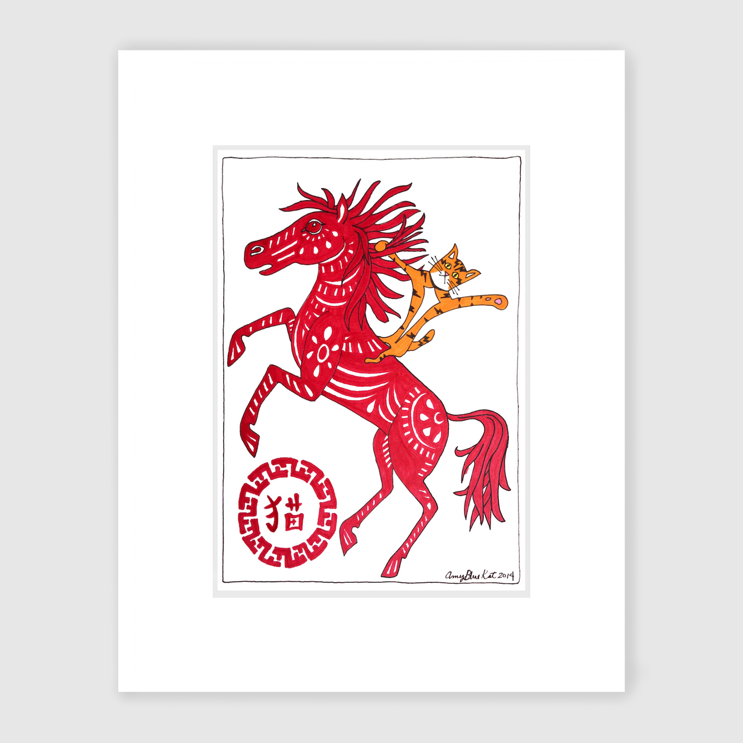 Wall art featuring Superpussy-a cartoon orange cat with his paws in the air-is riding on a red horse decorated in a Chinese Year of the Horse theme.