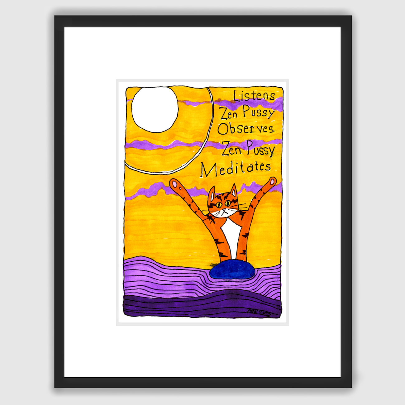 A framed picture of Superpussy-a cartoon orange cat with his paws in the air-is in a meditation scene in front of a purple, lavender, and gold background with the words "Listens, Zen pussy, Observes, Zen pussy, Meditates"