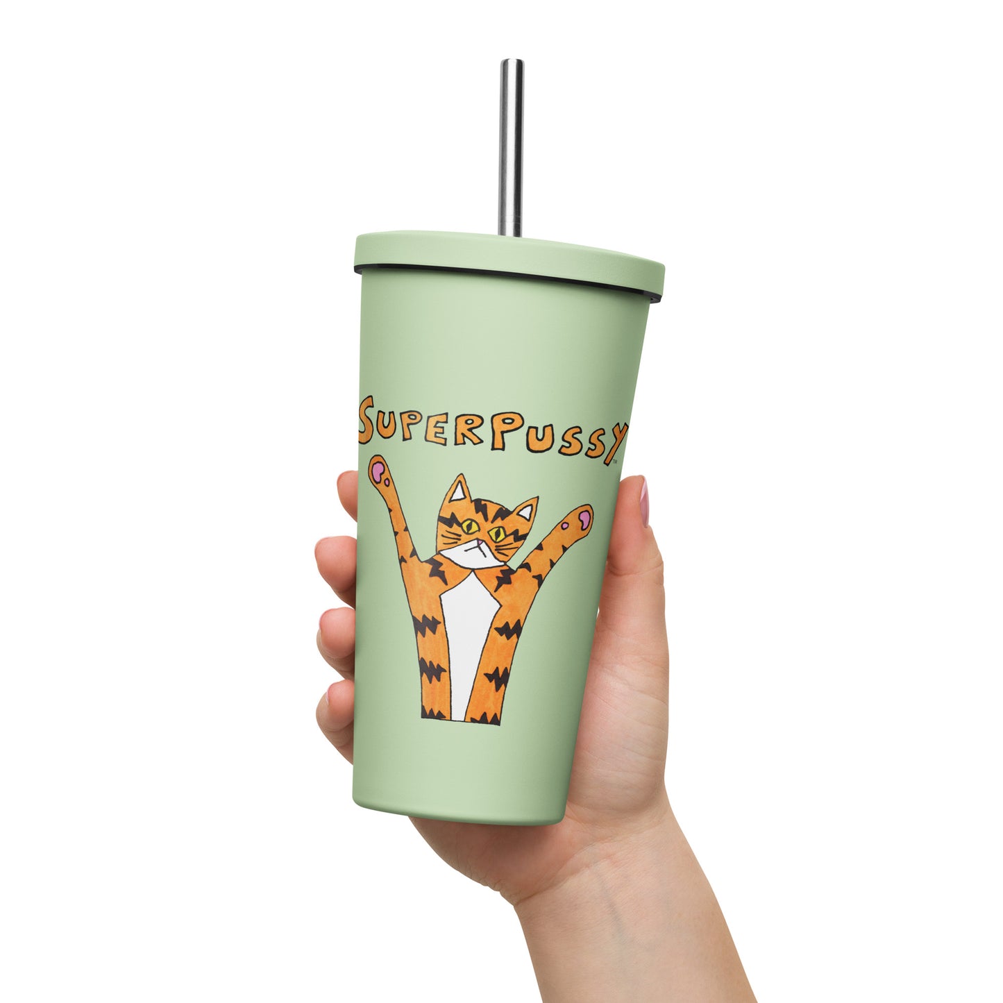 Superpussy Cat Insulated Tumbler with a Straw, stainless steel