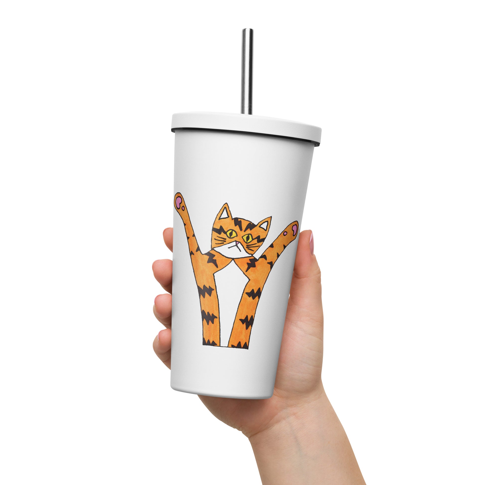 Funky cat insulated tumbler in white with a straw, perfect for keeping drinks hot or cold, featuring a playful orange cat design.