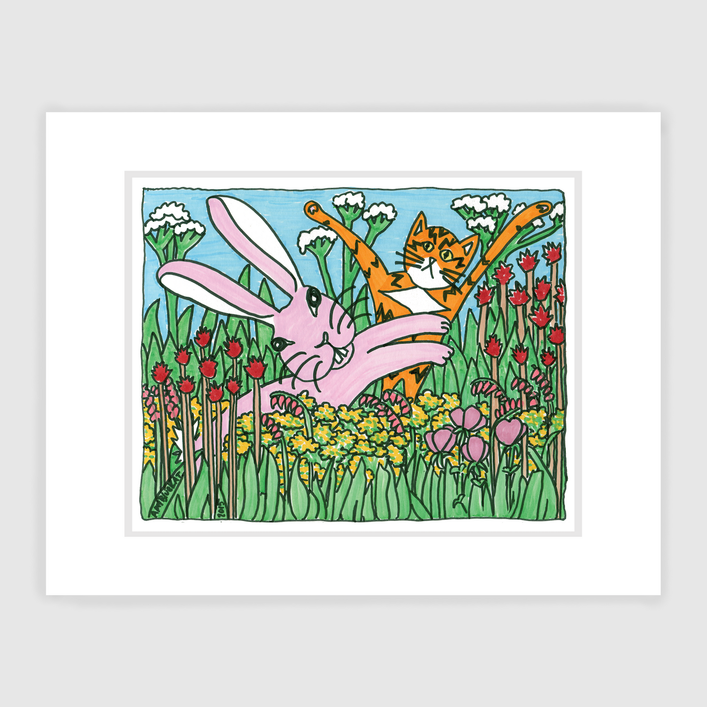 Superpussy-an orange cat with black stripes like lightning bolts and his paws in the air- is with a bunny rabbit jumping through a field of colorful blooming flowers.